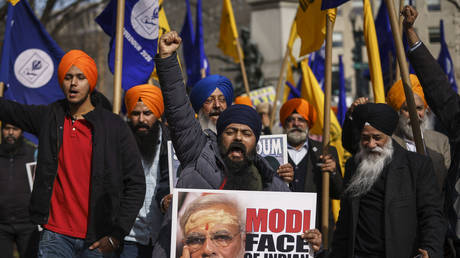 Members of Sikhs For Justice rally against Prime Minister of India Narendra Modi in Lafayette Square across the street from the White House on February 18, 2020 in Washington, DC.