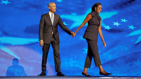 Former President Barack Obama and former first lady Michelle Obama at the Democratic National Convention in August 2024.