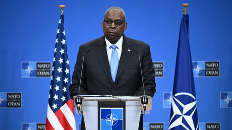 US Defense Secretary Lloyd Austin speaks at a press conference after the meeting of NATO defense ministers in Brussels, Belgium, October 18, 2024.