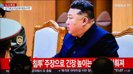 A news broadcast in South Korea shows North Korean leader Kim Jong-un speaking at a government meeting on October 15, 2024.