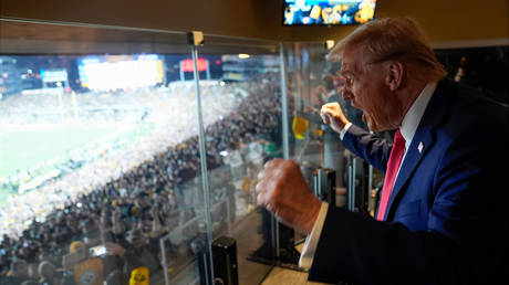 Republican presidential nominee, former President Donald Trump attends a game between the NFL Pittsburgh Steelers and the New York Jets on October 20, 2024 in Latrobe, Pennsylvania.