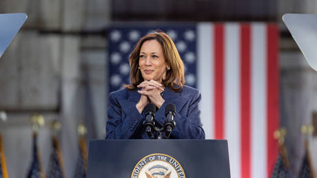 Kamala Harris speaks at a campaign rally in Washington Crossing, Pennsylvania, October 16, 2024