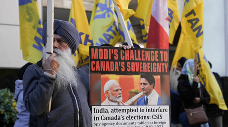 Pro-Khalistan supporters gather for a demonstration in front of the Consulate General of India in Toronto, Ontario on October 18, 2024.