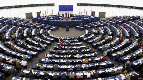 The central conference room at the European Parliament building in Strasbourg, France.