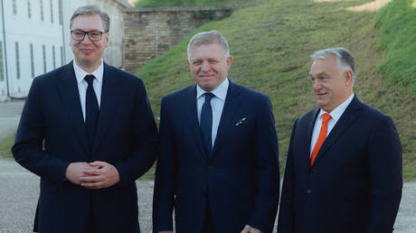 Slovakian Prime Minister Robert Fico (C), Serbian President Aleksandar Vucic (L) and Hungarian Prime Minister Viktor Orban meet to discuss illegal migration in Komarno, Slovakia on 22 October 2024.