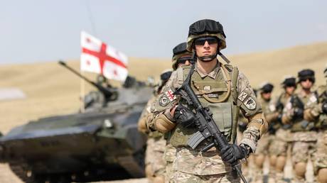 Soldiers seen during the closing ceremony of Multinational Exercise Noble Partner 2020 at the Vaziani Military Base in Tbilisi, Georgia.