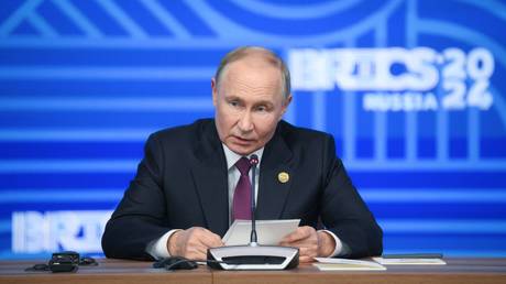 16th BRICS Summit. President of Russia Vladimir Putin at a press conference held as part of the 16th BRICS Summit in Kazan.