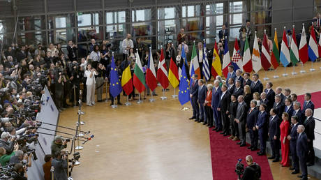 The heads of EU member-states and Ukrainian leaders Vladimir Zelensky pose for a family photo during a European Council Summit.