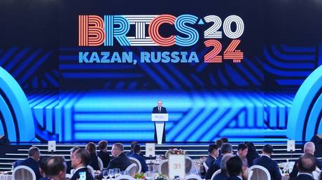 President of Russia Vladimir Putin addresses the official reception of the 16th BRICS Summit.