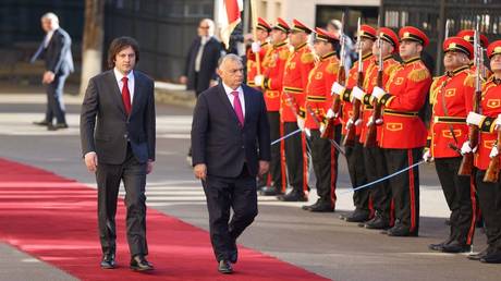 Hungarian Prime Minister Viktor Orban is welcomed by Georgian Prime Minister Irakli Kobakhidze in Tbilisi, Georgia on October 29, 2024.