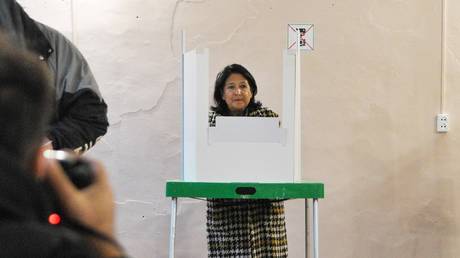 FILE PHOTO: Georgian President Salome Zourabichvili votes in the parliamentary election, October 26, 2024.