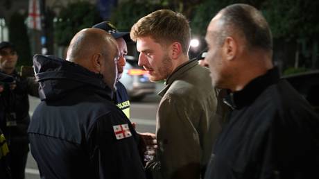 A RIA Novosti reporter facing off with a pro-Western opposition protester in Tbilisi, Georgia, October 29, 2024.