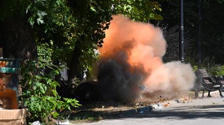 Mine clearance on the central street of Donetsk. Prohibited anti personnel high-explosive (PFM-1) "Petal" mines have been dropped on the city during night-time raids.