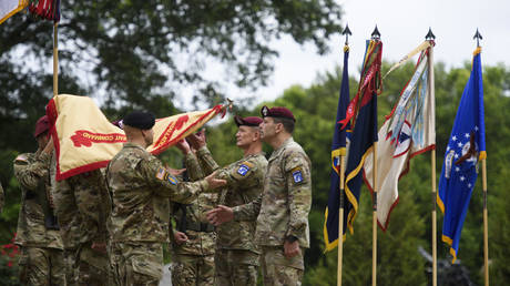 Soldiers at a ceremony in Fort Liberty, North Carolina, June 2, 2023.