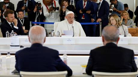 Pope Francis speaks during a working session on Artificial Intelligence during the G7 Summit in Borgo Egnazia resort in the Italian city of Fasano.