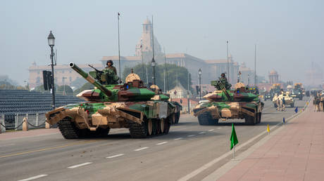 FILE PHOTO. T-90 (Bhisma) tanks take part during a rehearsal ahead of the upcoming Republic Day parade on Kartavya path, New Delhi. India is Celebrating the 75th Republic Day.