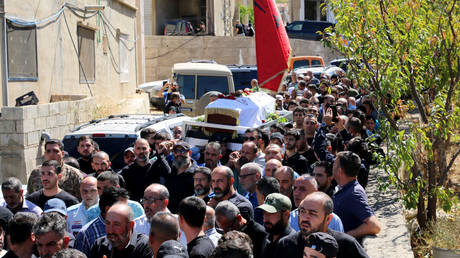 A funeral ceremony for 9-year-old Fatima Abdullah killed in a pager explosion in Beqaa, Lebanon, September 18, 2024.