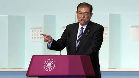 Party member Shigeru Ishiba speaks before a runoff election during the Liberal Democratic Party's (LDP) leadership election on September 27, 2024 in Tokyo, Japan.