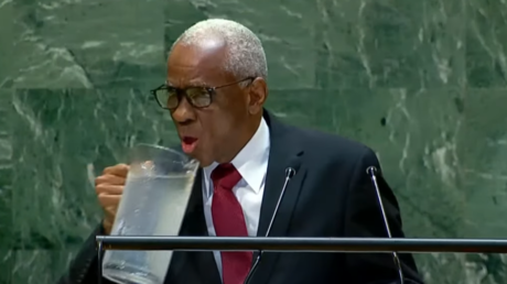 Edgard Leblanc Fils pauses to drink water during a speech at the UN General Assembly in New York City, September 26, 2024