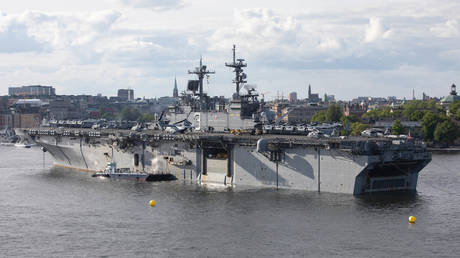 Wasp-class amphibious assault ship USS Kearsarge at the harbour in Stockholm, Sweden, ahead of the 'Baltops 22' exercise.