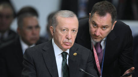 President of Turkiye Recep Tayyip Erdogan during the plenary session of the Outreach/BRICS Plus meeting.