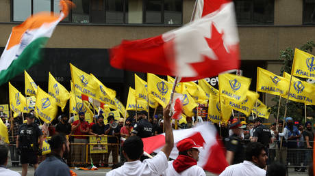 Pro-Khalistan supporters gather for a demonstration in front of the Consulate General of India in Toronto, Ontario, Canada on July 8, 2023. Pro-India counter protestors also gathered outside the Indian Consulate for a counter protest.