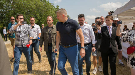 Slovak Prime Minister Robert Fico pictured during his first official visit since the May shooting. July 8, 2024, Slovenska Nova Ves, Slovakia.