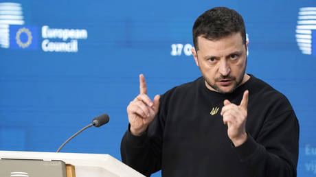 FILE PHOTO: Ukrainian leader Vladimir Zelensky during a press conference in Brussels.