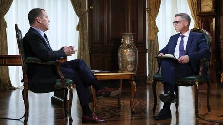 Deputy Chairman of the Russian Security Council Dmitry Medvedev speaks during an interview with RT TV Channel news anchor Rory Suchet at the Gorki state residence outside Moscow, Russia.