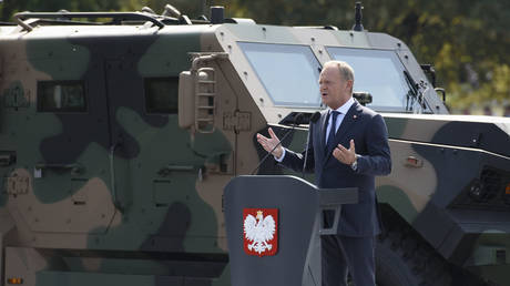 Polish Prime Minister Donald Tusk gives a speech on the National Army Day in Warsaw,