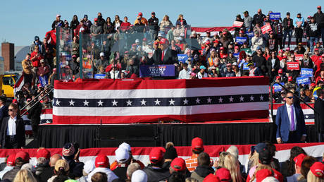 Republican presidential nominee Donald Trump speaks during a campaign rally at Lancaster Airport on November 3, 2024, in Lititz, Pennsylvania.