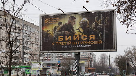 File photo: A billboard urging Ukrainians to enlist in the 3rd Assault Brigade in the city of Zaporozhye