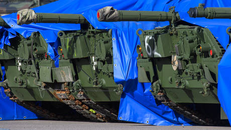 Packed German Leopard 1 tanks are ready for shipping to Ukraine at the Klietz military training area, Saxony-Anhalt, Germany, February 23, 2024