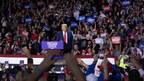 Republican presidential nominee, former President Donald Trump, arrives for a campaign rally during the early-morning hours of election day on November 5, 2024 in Grand Rapids, Michigan.