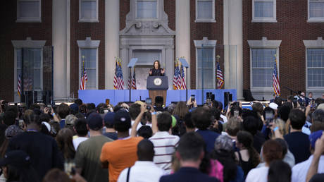 Vice President Kamala Harris gives a concession speech in Washington, DC, November 6, 2024.