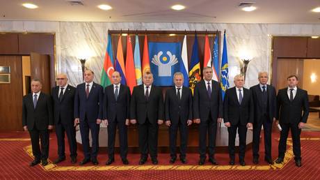 A family photo before the 12th annual meeting of Security Council secretaries of Commonwealth of Independent States (CIS) members in Moscow, Russia.