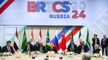 President of Russia Vladimir Putin, President of China Xi Jinping and Prime Minister of India Narendra Modi are seen during limited attendance meeting of BRICS leaders during the 16th BRICS Summit in Kazan, Russia on October 23, 2024.