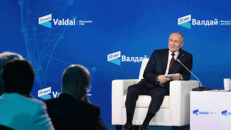 Russian President Vladimir Putin speaks at the 21st annual Valdai International Discussion Club meeting in Sochi, November 7, 2024.