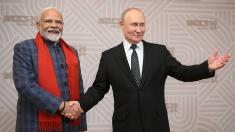 President of Russia Vladimir Putin and Prime Minister of India Narendra Modi at the 16th BRICS summit in Kazan.