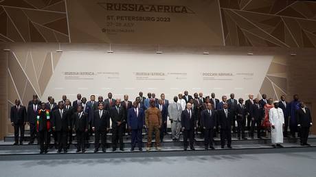 Russian President Vladimir Putin and heads of delegations attend a family photo opportunity during the 2nd Russia-Africa Summit and Economic and Humanitarian Forum in St. Petersburg, Russia.