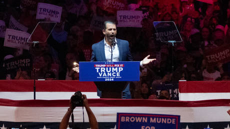 Donald Trump Jr. speaks at a Trump rally in New York, October 27, 2024.