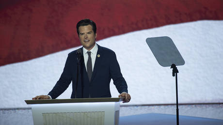 FILE PHOTO: US Representative Matt Gaetz (Republican of Florida) speaks at the Republican National Convention in Milwaukee, Wisconsin, July 17, 2024.