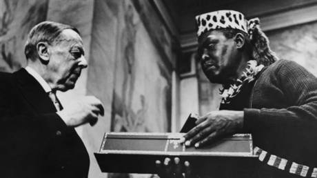 Gunnar Jahn (1883 - 1971), President of the Peace Prize Committee, presents Albert Lutuli (c.1898 - 1967), President-General of the ANC, with the Nobel Peace Prize for the year 1960 in Oslo, 10th December 1961.