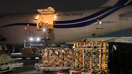 A shipment of US-supplied weapons is unloaded at Borispol airport in Kiev, Ukraine, January 25, 2022