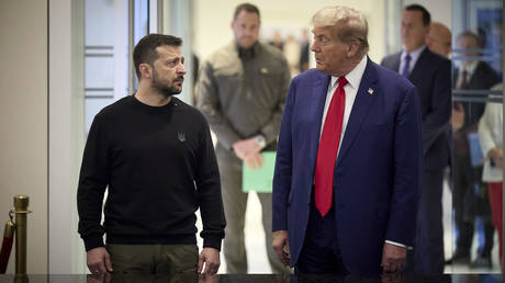 U.S President-elect Donald Trump, right, responds to a question during an impromptu press conference with Ukrainian President Volodymyr Zelenskyy, left, at Trump Tower, September 27, 2024 in New York City, U.S.