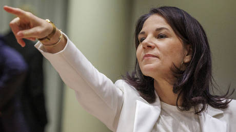 German Foreign Minister Annalena Baerbock gestures during an EU Foreign Affairs Council meeting in Brussels, Belgium, Novemer 18, 2024