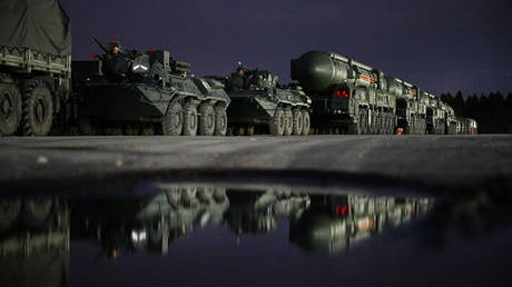 File photo: A Yars autonomous ICBM launcher of the Russian strategic missile forces, with armored escorts