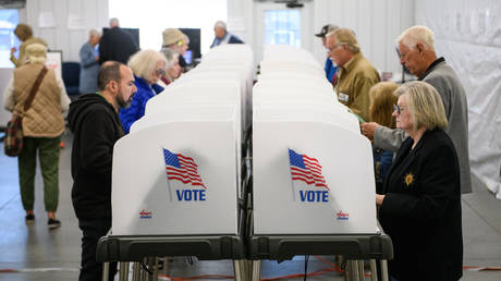 FILE PHOTO: Voters make selections at their voting booths inside an early voting site on October 17, 2024 in Hendersonville, North Carolina.