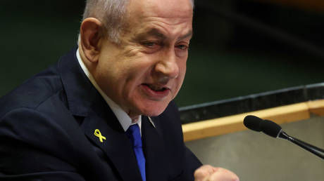 Israeli Prime Minister Benjamin Netanyahu addresses world leaders during the United Nations General Assembly / Spencer Platt