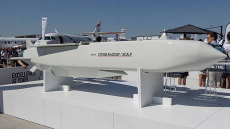 A SCALP-EG/Storm Shadow cruise missile is displayed at the Paris Air Show in Paris, France, June 2023